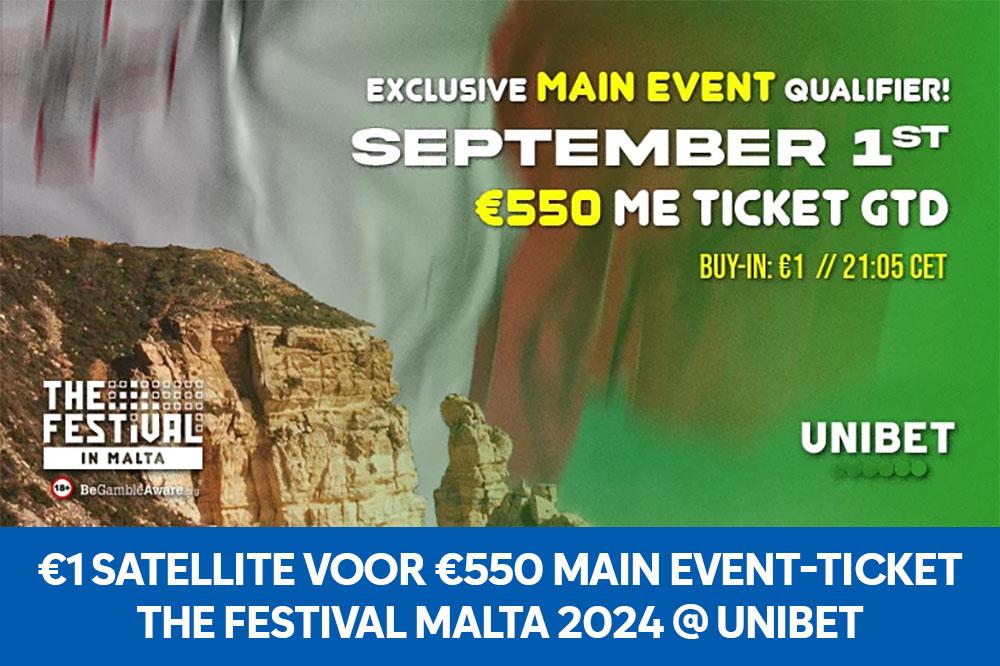 WAANZINNIGE ACTIE bij Unibet! Kwalificeer je voor €1 voor het €550 Main Event van The Festival Malta 2024!